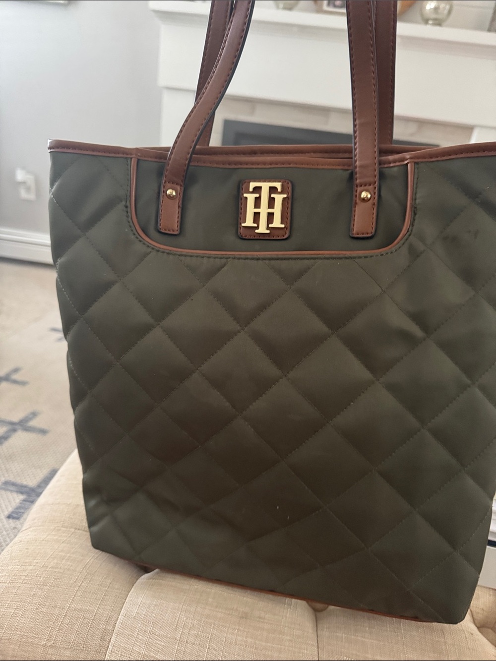 Tommy Hilfiger Quilted Olive Tote with Brown Trim and Gold Logo